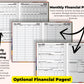 three pages of a financial planner with arrows pointing to them