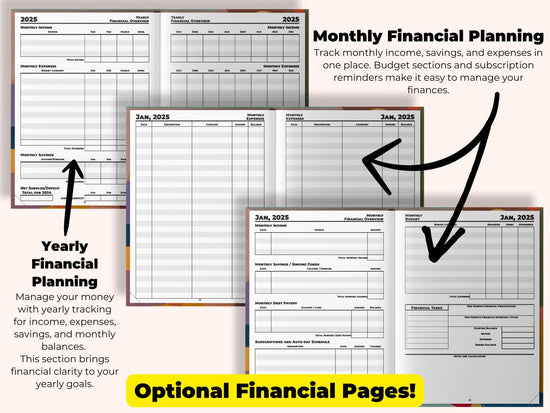 three pages of a financial planner with arrows pointing to them