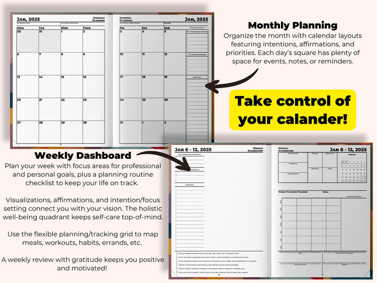 two pages of a planner with the words take control of your calendar