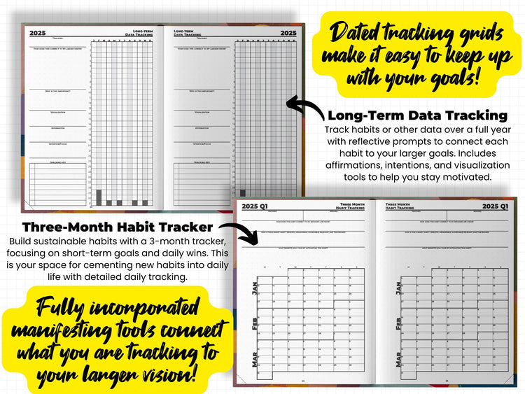 three pages of a notebook with text that says, long term data tracking