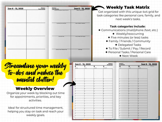 the weekly planner is shown with a yellow sticker